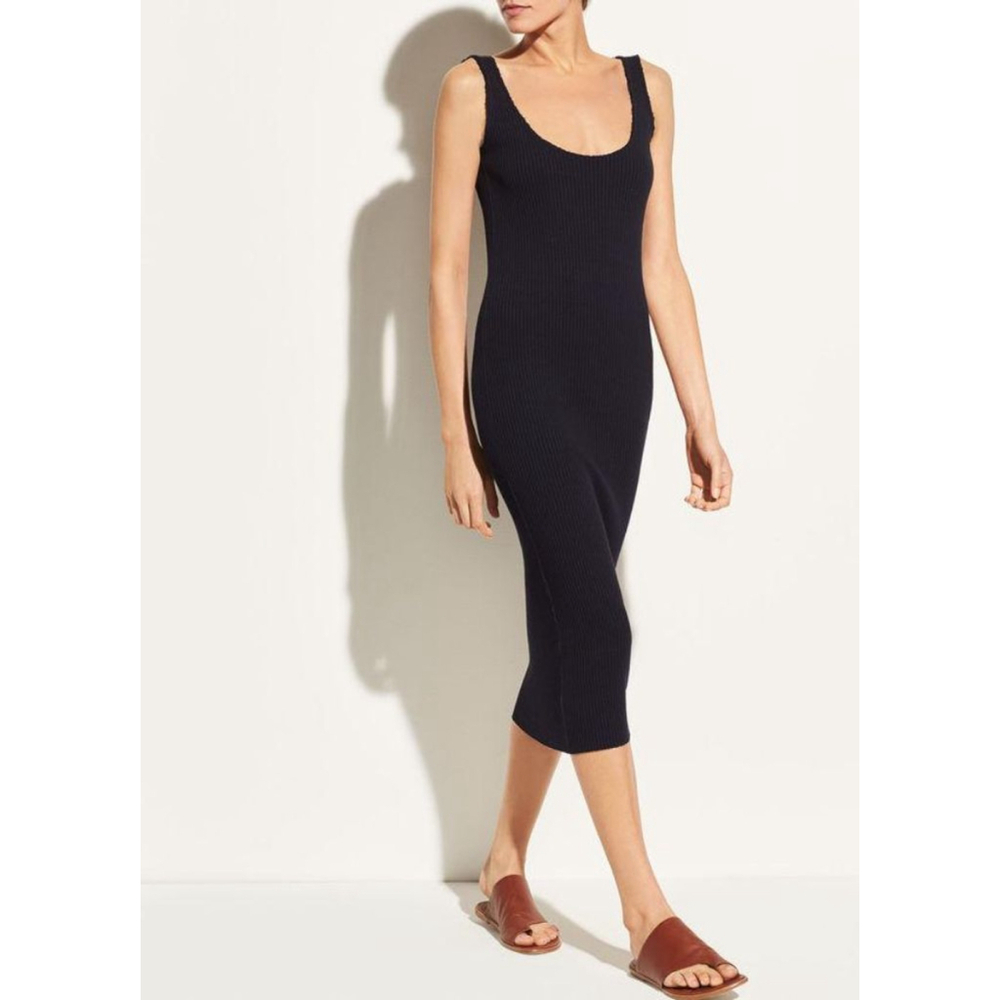 Women's Vince. Black Ribbed Scoop Neck Midi Dress L